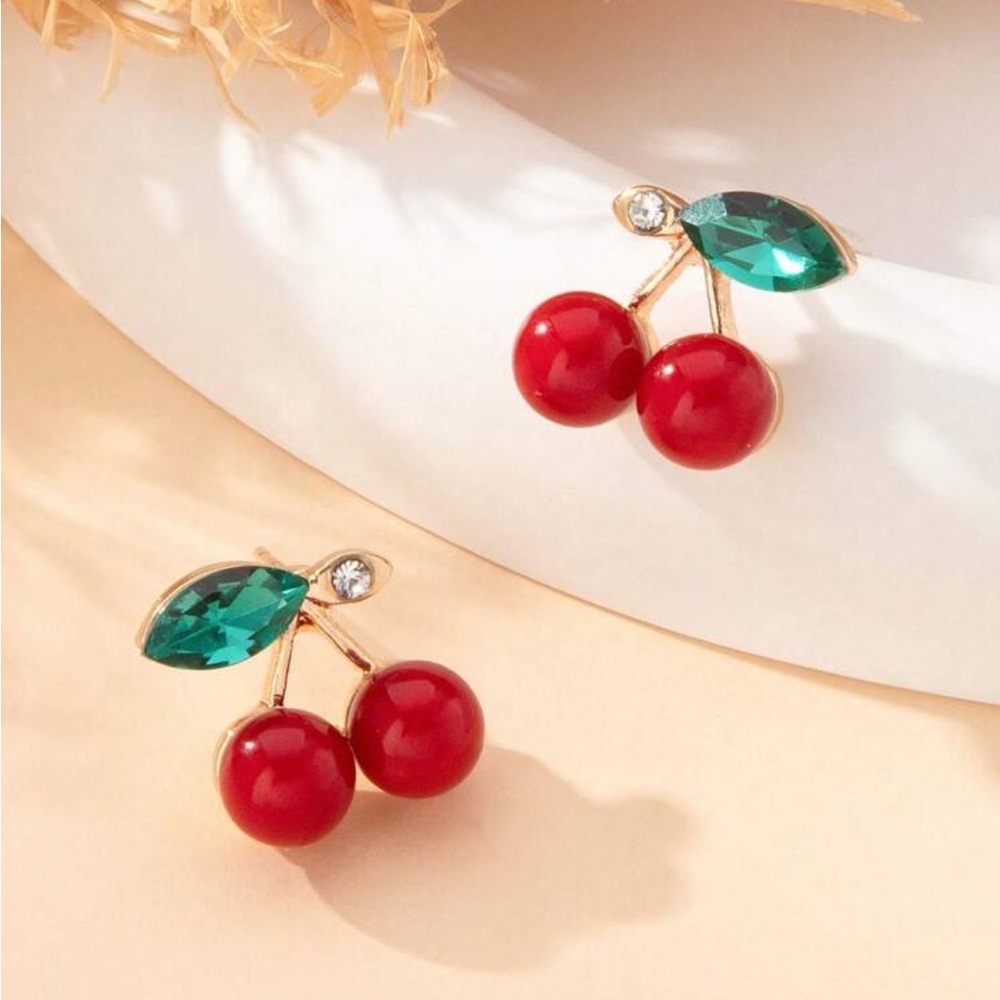 Cherry Red and Green Stud Earrings